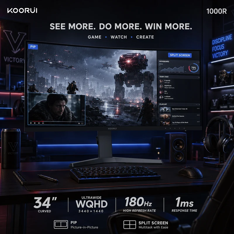 KOORUI 34'' UWQHD Curved Gaming Monitor, 180Hz Ultrawide Monitor, 3440×1440p 1ms(MPRT) HDR400 34E6UC WAL