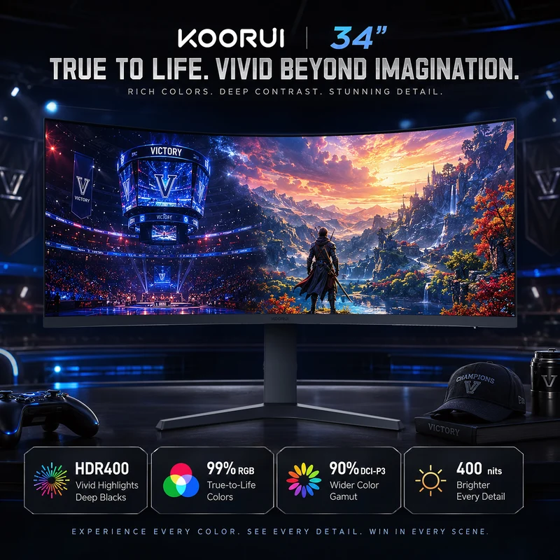 KOORUI 34'' UWQHD Curved Gaming Monitor, 180Hz Ultrawide Monitor, 3440×1440p 1ms(MPRT) HDR400 34E6UC WAL