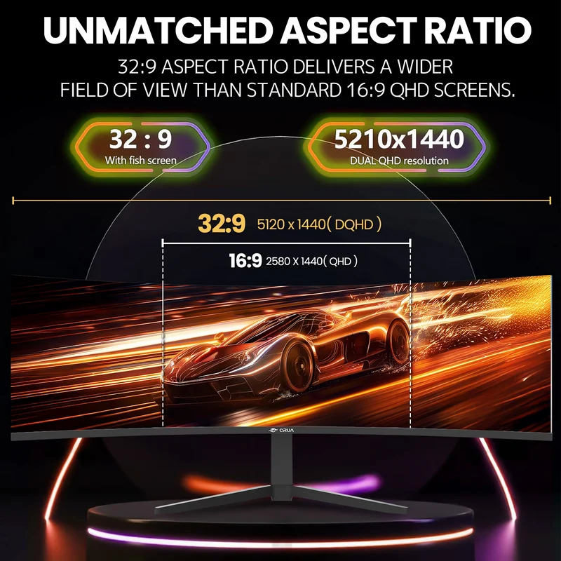 CRUA 49 Inch Ultra-Wide Curved Gaming Monitor | 120Hz | DQHD 5120x1440p | 1500R Curve | AMD FreeSync | Built-in Speakers | Wall Mount | HDMI & DP, Black