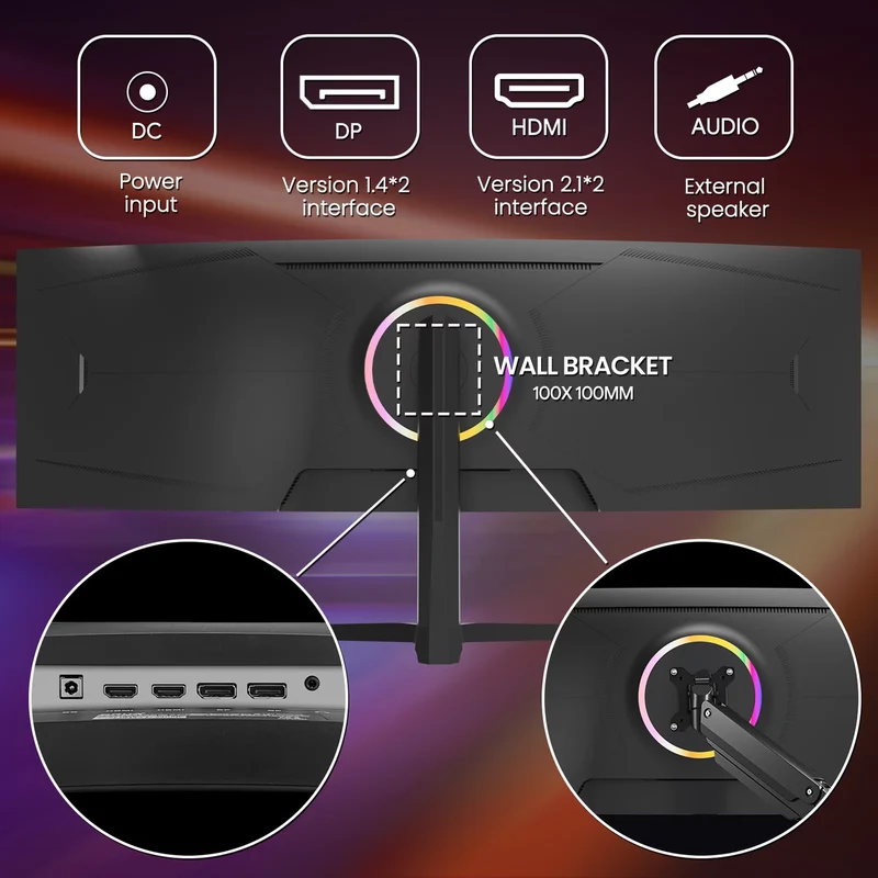 CRUA 49 Inch Ultra-Wide Curved Gaming Monitor | 120Hz | DQHD 5120x1440p | 1500R Curve | AMD FreeSync | Built-in Speakers | Wall Mount | HDMI & DP, Black