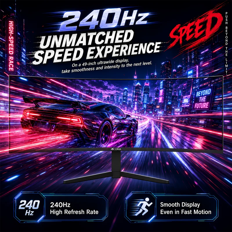 CRUA 49 Inch Ultra-Wide Curved Gaming Monitor | 240Hz | DQHD 5120x1440p | 1500R Curve | AMD FreeSync | Built-in Speakers | Wall Mount Install，Height adjustable | HDMI & DP, Black