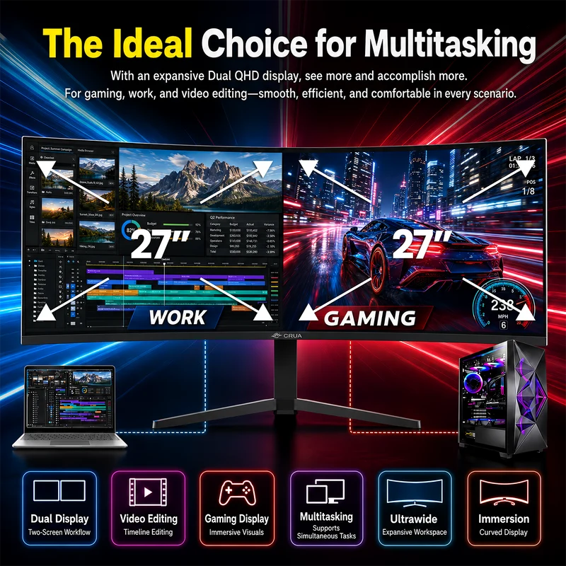 CRUA 49 Inch Ultra-Wide Curved Gaming Monitor | 240Hz | DQHD 5120x1440p | 1500R Curve | AMD FreeSync | Built-in Speakers | Wall Mount Install，Height adjustable | HDMI & DP, Black