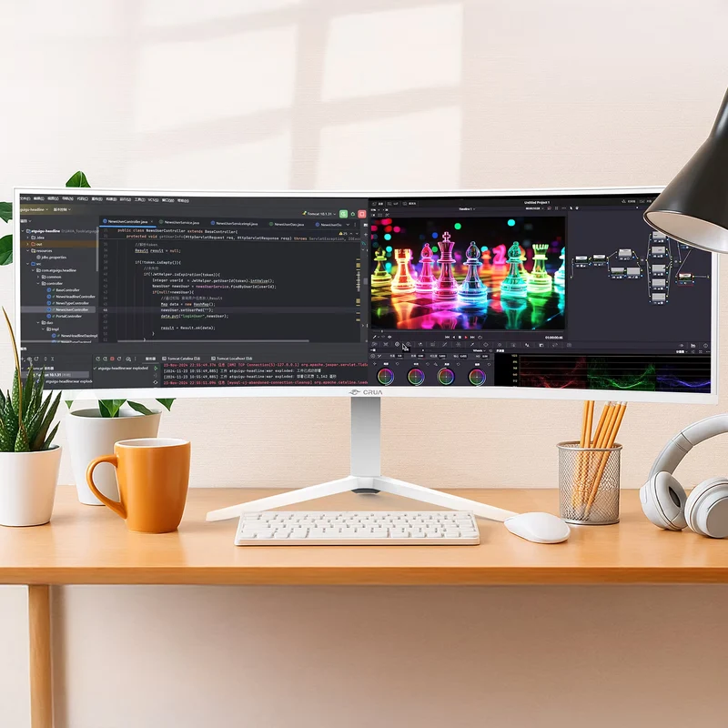 CRUA 49 Inch Ultra-Wide Curved Gaming Monitor, 120Hz, DQHD (5120x1440p), 1500R,FreeSync, 32:9, 120% sRGB, Height adjustable, Built-in Speakers, Wall Mount Install, HDMI & DP, White