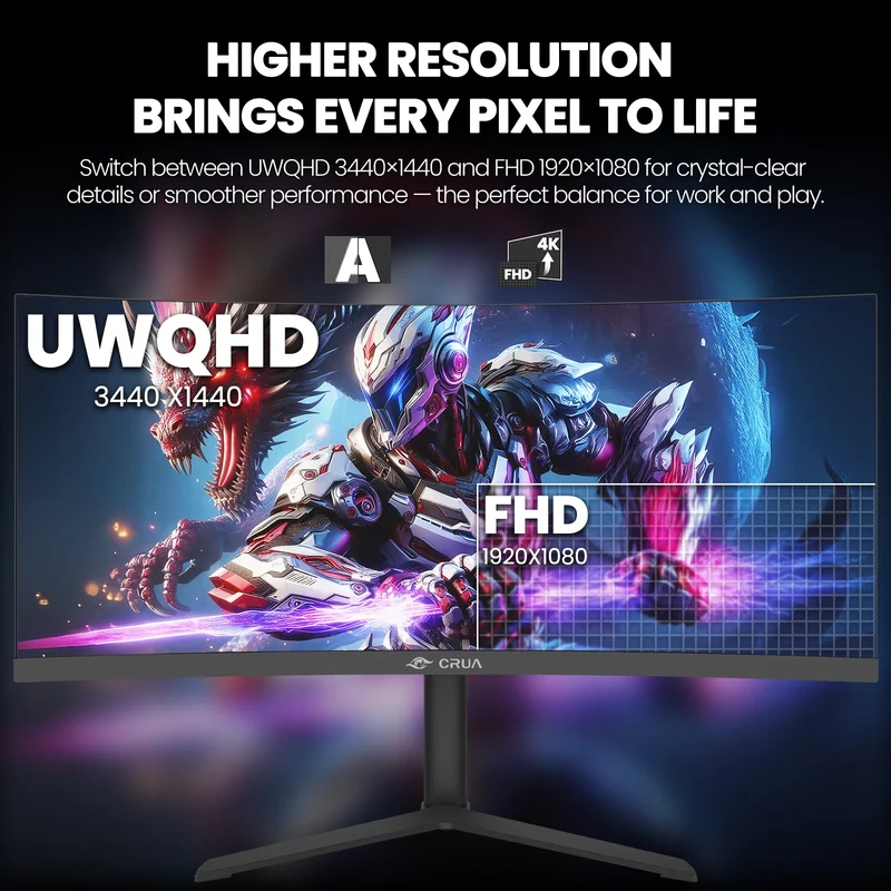 CRUA 34"165Hz Curved Ultrawide Gaming Monitor, 3440×1440 UWQHD, Height Adjustable Stand, Built-in Speakers, HDMI & DisplayPort, Black
