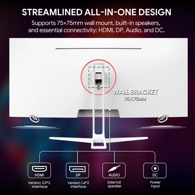 CRUA 34" WQHD 165Hz Utrawide Gaming Monitor,3440x1440 21:9 IPS Gaming Monitor,Build-in Speakers,120% sRGB,AMD FreeSync,HDMI & DP,Wall Mount Mount - White