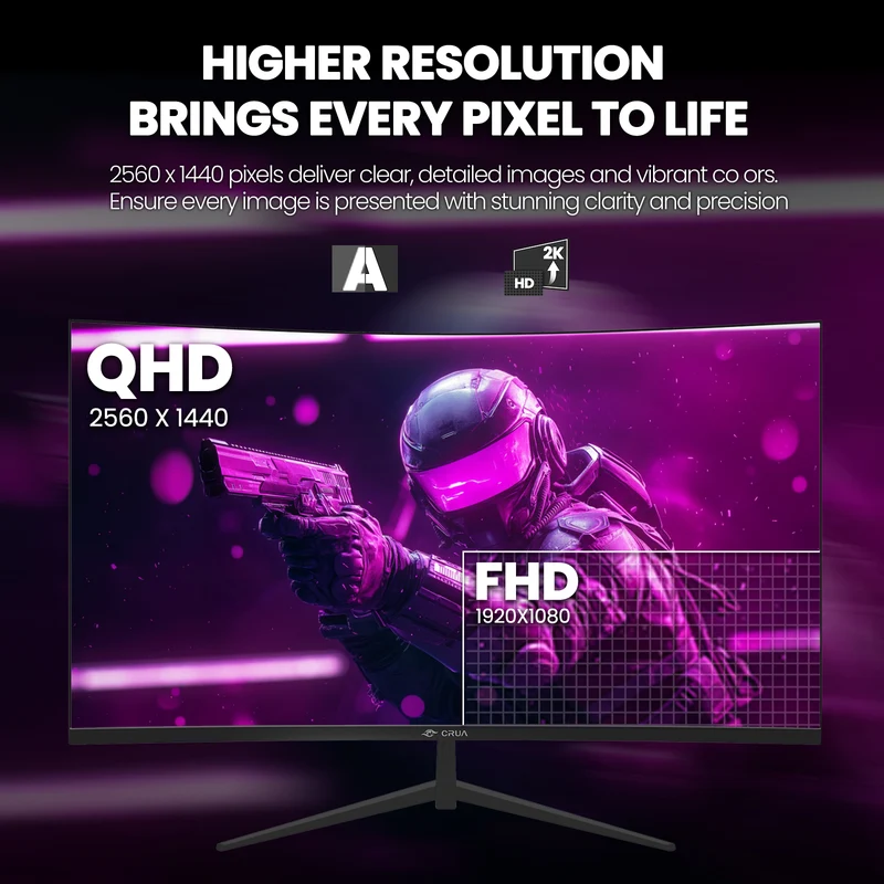CRUA 32" QHD 165Hz Curved Gaming Monitor, VA Screen ，1800R, FreeSync, 99 sRGB, Low Blue Light, HDMI/DisplayPort, Wall Mountable - Black