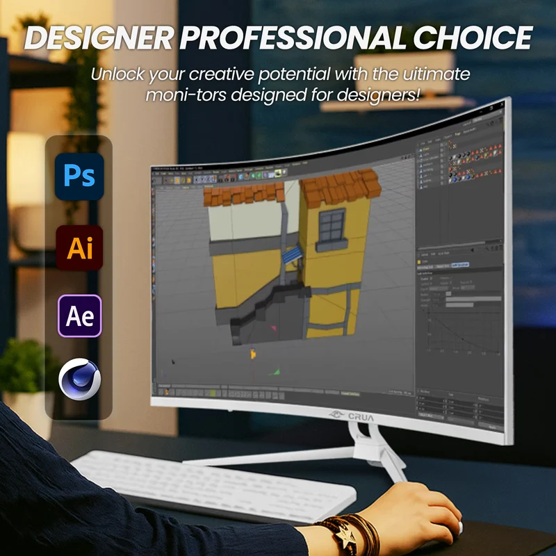 CRUA 32" 75HZ Curved Monitor, UHD(3840×2160) 1080P 1500R Computer Monitor, 120% SRGB, 2ms (GTG), AMD FreeSync,DP & HDMI Port, white