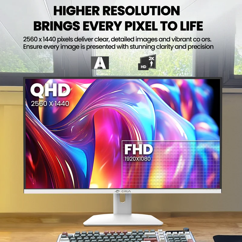 CRUA 32" 2K 75Hz IPS Computer Monitor, QHD 1440P with Build-in Speakers, 100% SRGB,FreeSync,HDMI Port-White