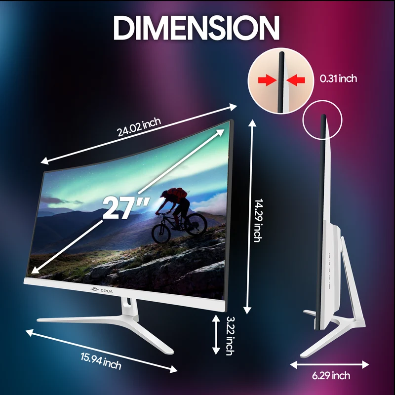 CRUA 27"100Hz Curved Monitor, FHD 1080P Computer Monitor，1800R 100 sRGB FreeSync HDMI White