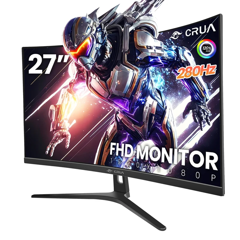 CRUA 27" 280Hz Curved Gaming Monitor, Full HD 1080p, 1800R Curvature VA Panel, 120% sRGB, AMD FreeSync, Low Blue Light, DP 1.2/HDMI 1.4, Wall Mountable-Black