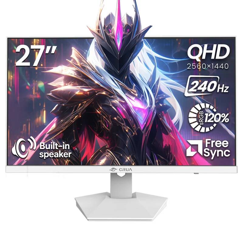 CRUA 27" QHD 240Hz Gaming Monitor,1440P 120% sRGB IPS Computer Monitor with Built in Speaker, Tilt Adjustable, Support FreeSync, DP&HDMI, Wall Mount-White