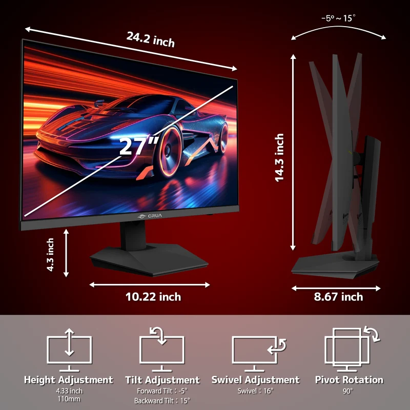 CRUA 27 inch Gaming Monitor, IPS UHD(3840x2160P) 160Hz, 120% SRGB, Support FreeSync, Height adjustable, Lighting effects, Built-in Speakers, HDMI & DP, Black