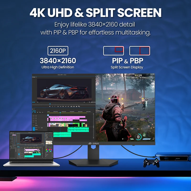 CRUA 27 inch Gaming Monitor, IPS UHD(3840x2160P) 160Hz, 120% SRGB, Support FreeSync, Height adjustable, Lighting effects, Built-in Speakers, HDMI & DP, Black