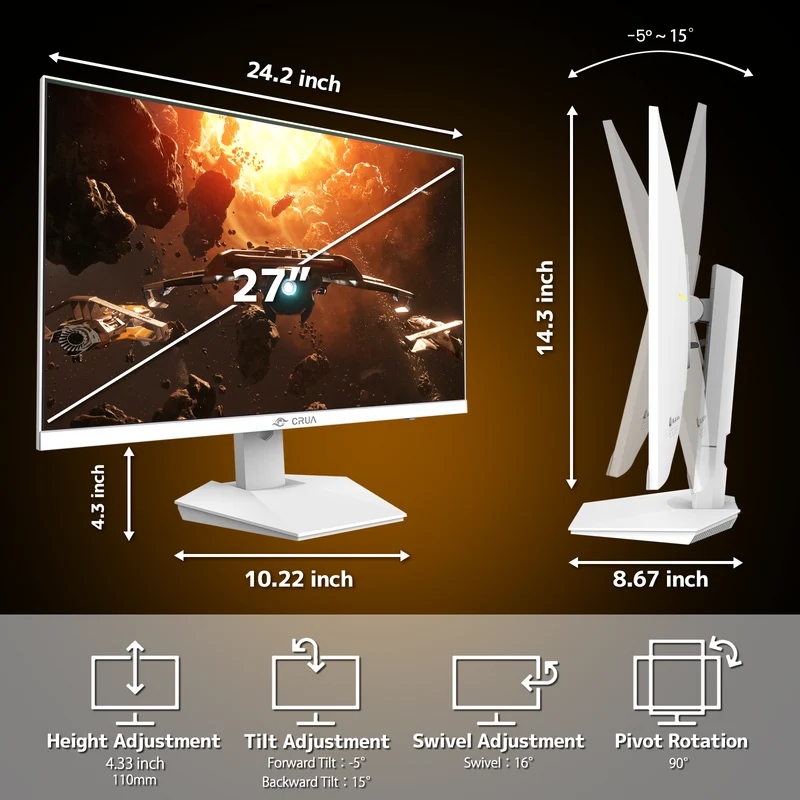 CRUA 27” Gaming Monitor, UHD (3840x2160) Dual Mode (4K 160Hz or FHD 320Hz), 120% sRGB, Support FreeSync, Built-in Speakers, RGB Lighting, HDMI & DP, Height adjustable, Wall Mount Install-White