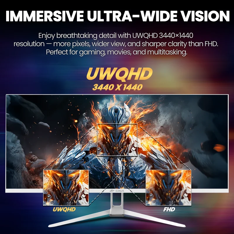CRUA 34" WQHD 165Hz Utrawide Gaming Monitor,3440x1440 21:9 IPS Gaming Monitor,Build-in Speakers,120% sRGB,AMD FreeSync,HDMI & DP,Wall Mount Mount - White