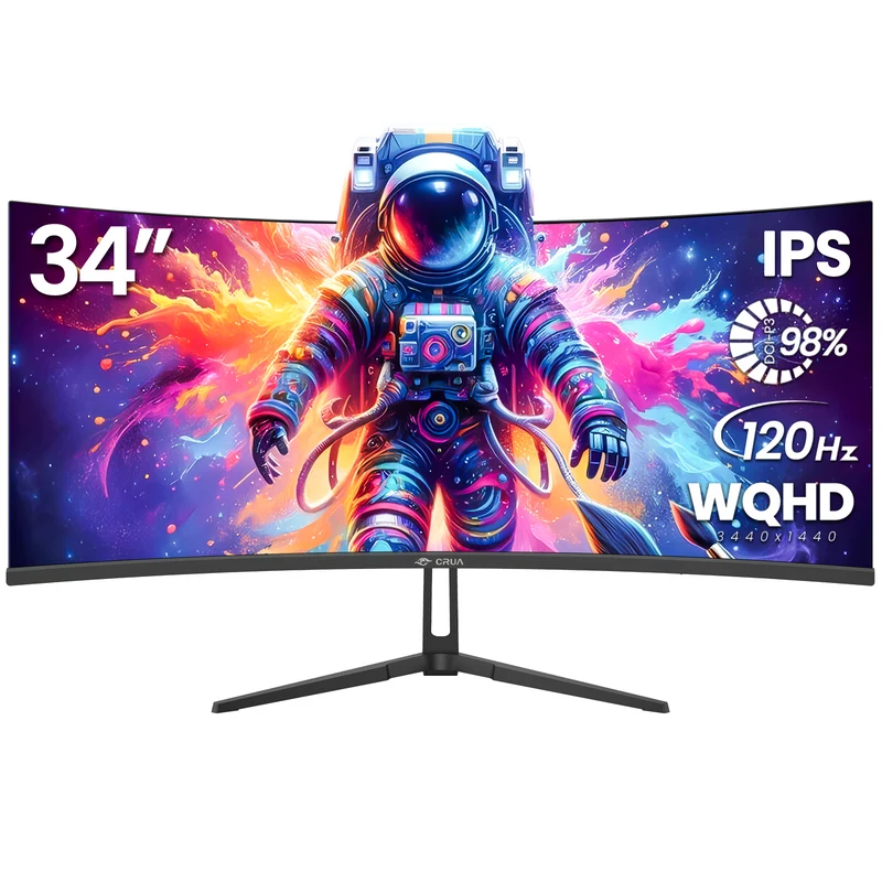 CRUA 34-inch IPS Curved Gaming Monitor, WQHD 3440x1440, 120Hz Computer Monitor, 1900R, 120% sRGB, FreeSync, HDMI 2.0 & DP 1.4, Wall Mountable - Black