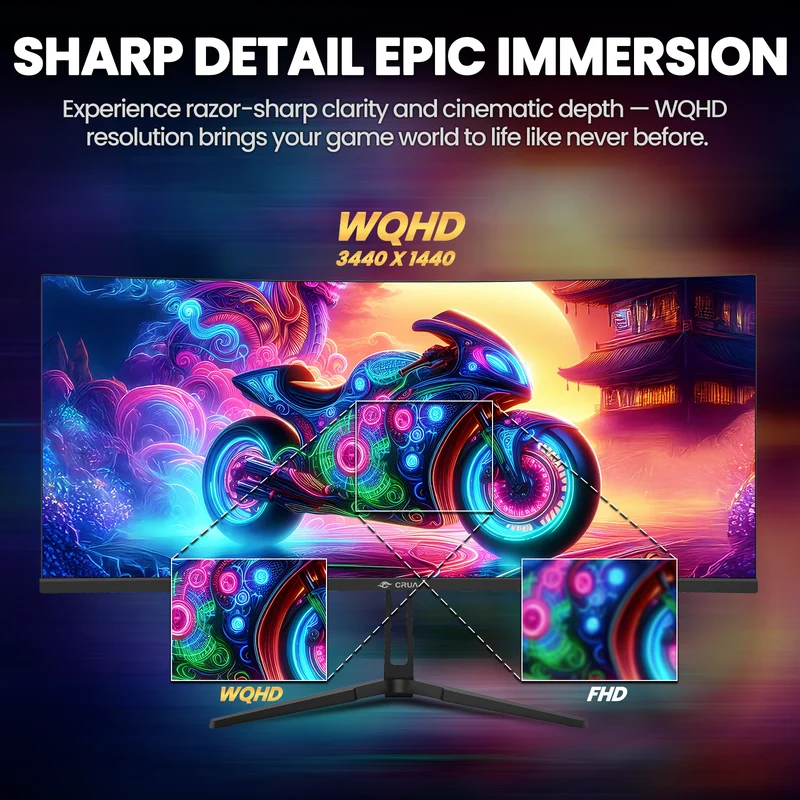 CRUA 34-inch IPS Curved Gaming Monitor, WQHD 3440x1440, 120Hz Computer Monitor, 1900R, 120% sRGB, FreeSync, HDMI 2.0 & DP 1.4, Wall Mountable - Black