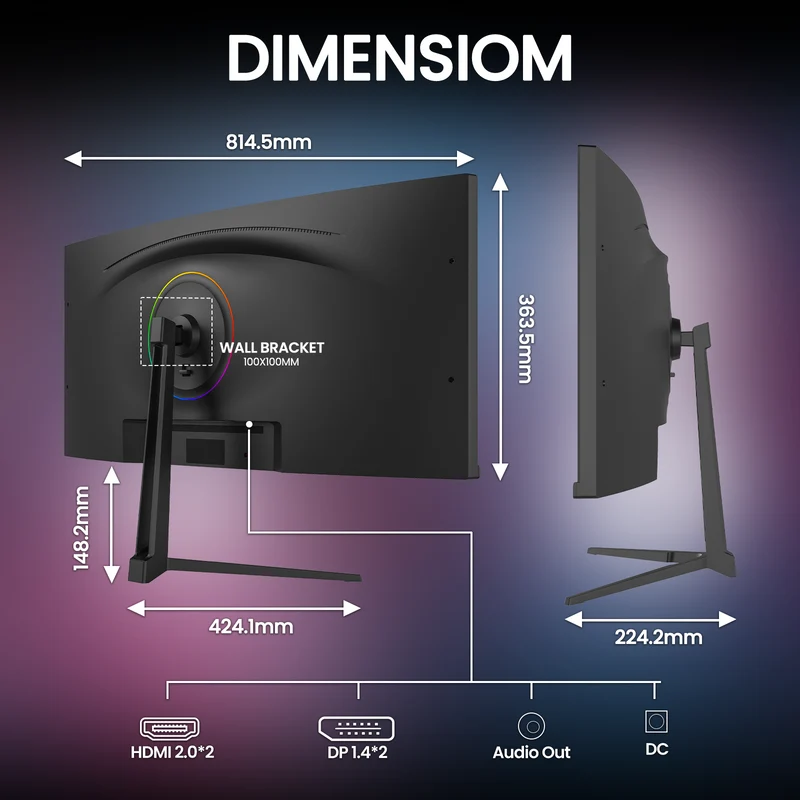 CRUA 34-inch IPS Curved Gaming Monitor, WQHD 3440x1440, 120Hz Computer Monitor, 1900R, 120% sRGB, FreeSync, HDMI 2.0 & DP 1.4, Wall Mountable - Black