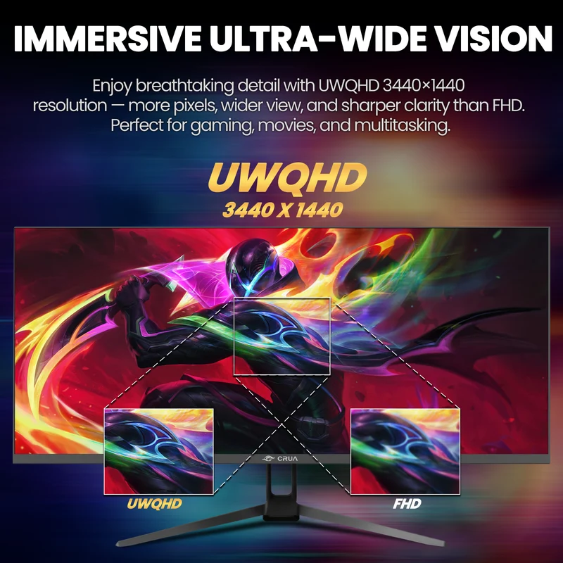 CRUA 34 Inch 165Hz UWQHD IPS Utrawide Gaming Monitor,3440x1440,21:9, Built-in Speakers,120 sRGB,HDMI/DP,Wall Mountable-Black