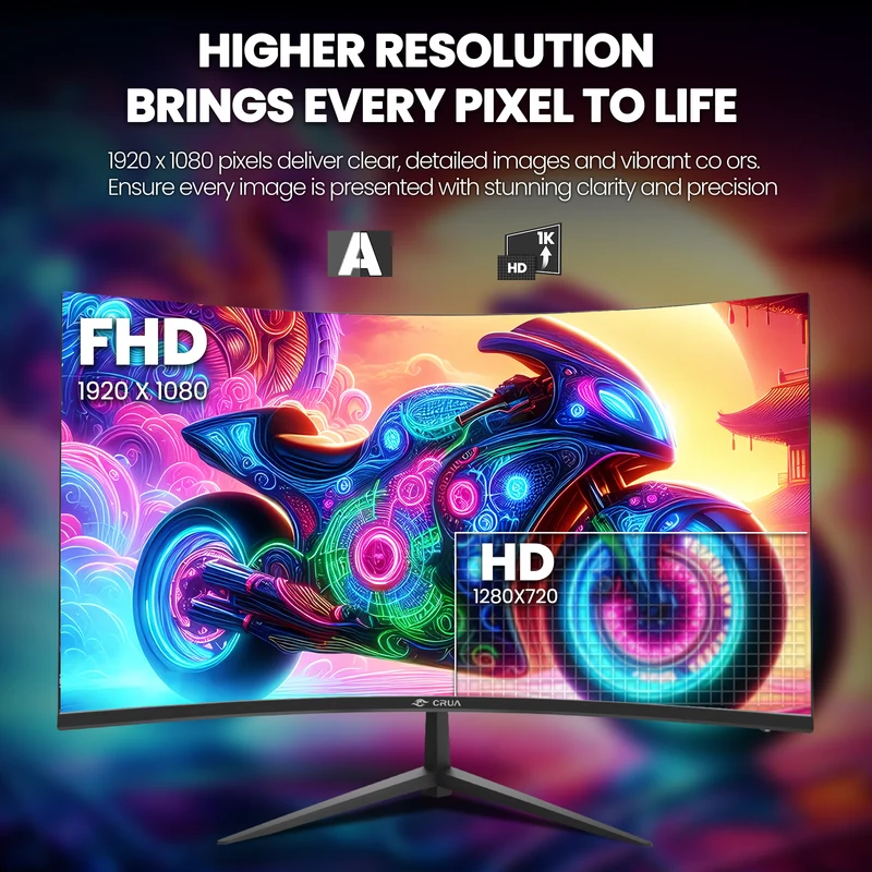 CRUA 24-inch 75HZ Curved Mnitor Built in Speakers, computer monitor1500R, FHD 1920×1080,HDMI/DP/Audio, Supports 75×75mm Wall Mount, Black