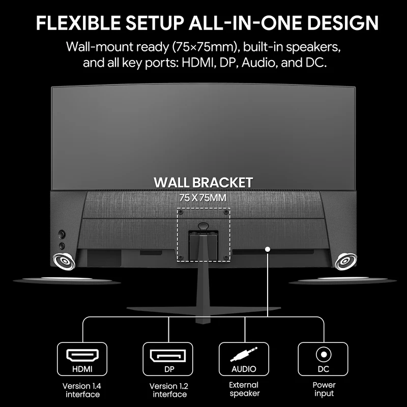 CRUA 24-inch 75HZ Curved Mnitor Built in Speakers, computer monitor1500R, FHD 1920×1080,HDMI/DP/Audio, Supports 75×75mm Wall Mount, Black
