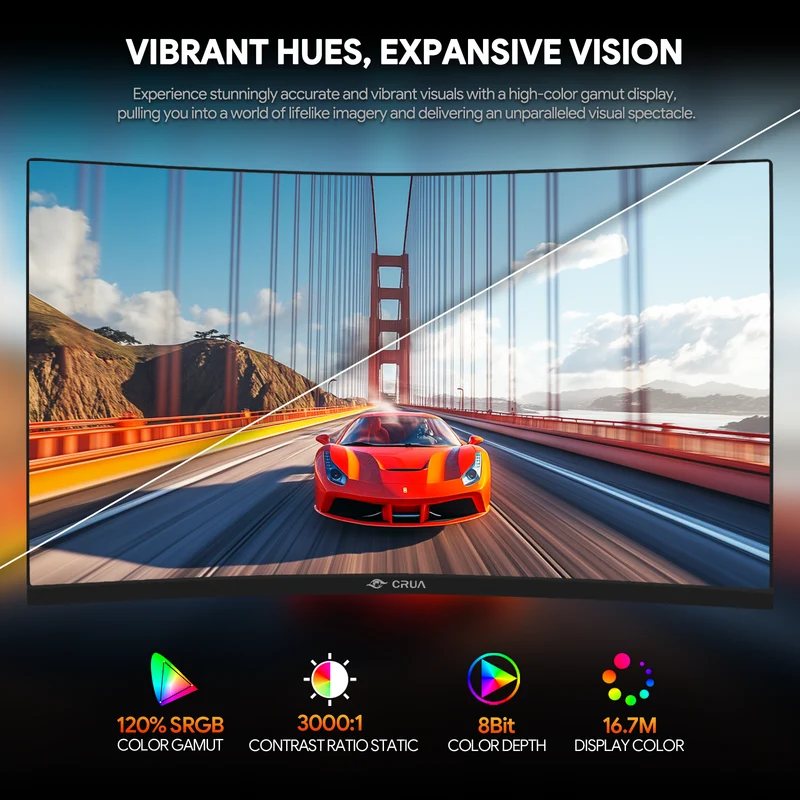 CRUA 32" Curved Gaming Monitor,180Hz QHDVA Screen, Support Wall Mount- Black