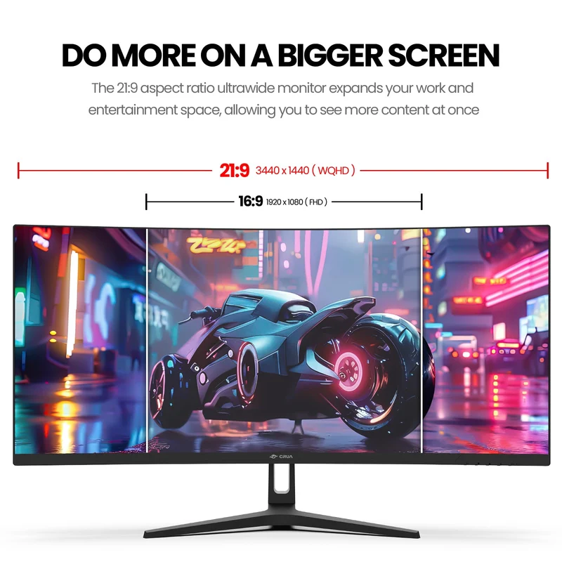 CRUA 34" WQHD 165Hz Ultrawide Curved Gaming Monitor, 1500R, FreeSync, Black 21:9 Display With 120%sRGB Color, HDMI 2.0, DP 1.4, 3.5mm Audio Out and 75x75mm Wall Mount For PC Gaming, Editing and Work