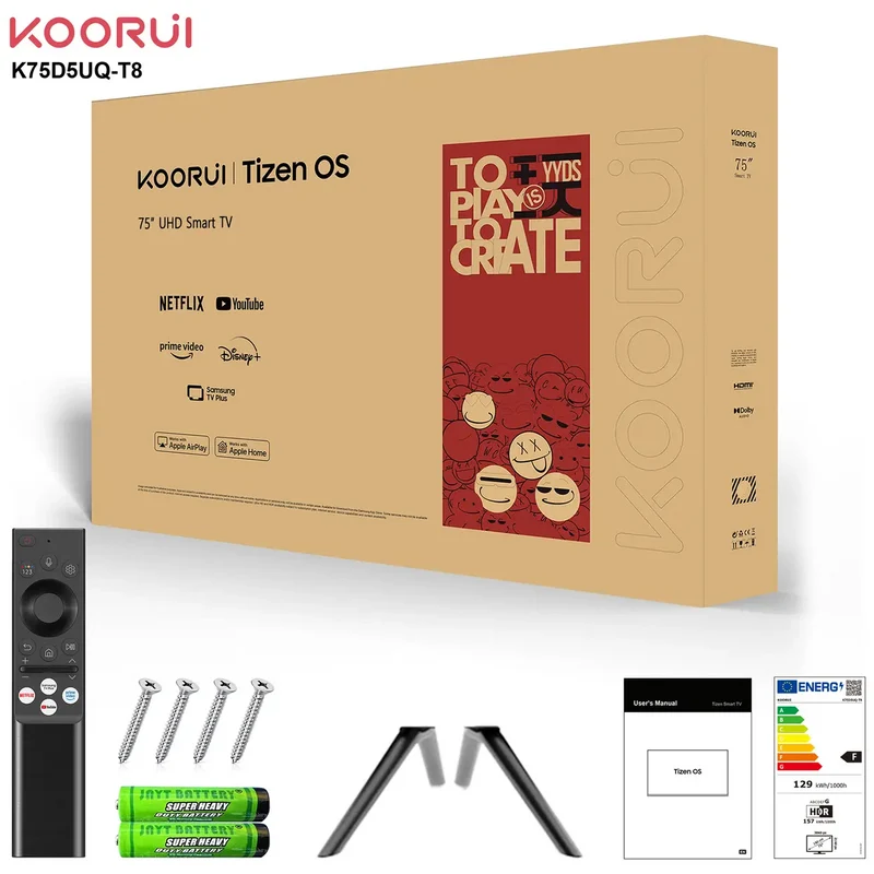 KOORUI K75D5UQ-T8, 75 pouces, 4K QLED, TIZEN TV, Design sans bords, Son dynamique avec Dolby Audio, Finition métallique haut de gamme