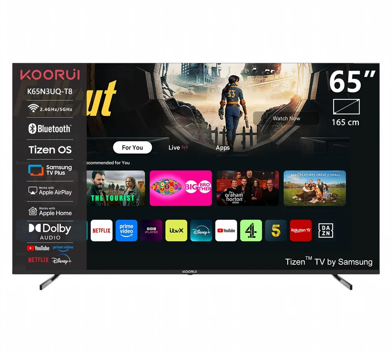KOORUI K65N3UQ-T8, 65 pouces, 4K QLED, TIZEN TV, Design sans bords, Son dynamique avec Dolby Audio, Finition métallique haut de gamme