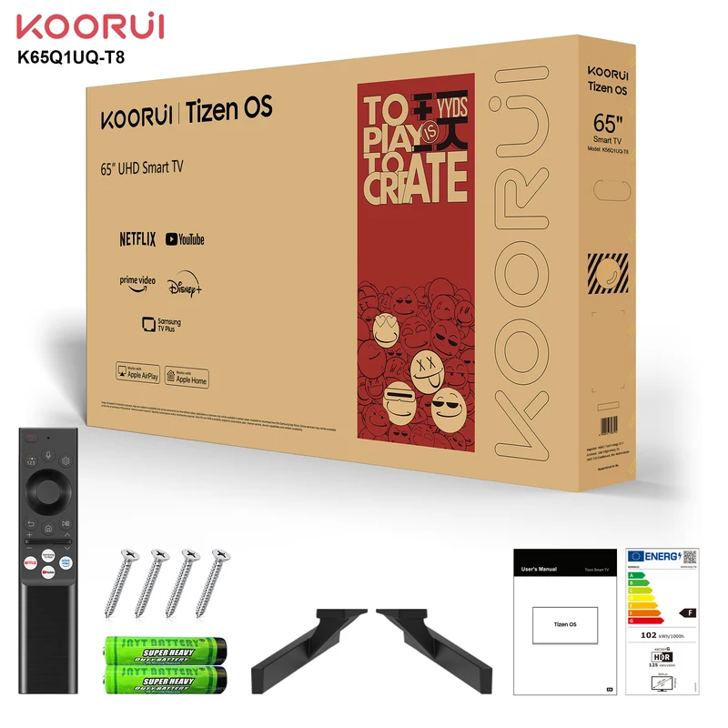 KOORUI K65N3UQ-T8, 65 pouces, 4K QLED, TIZEN TV, Design sans bords, Son dynamique avec Dolby Audio, Finition métallique haut de gamme