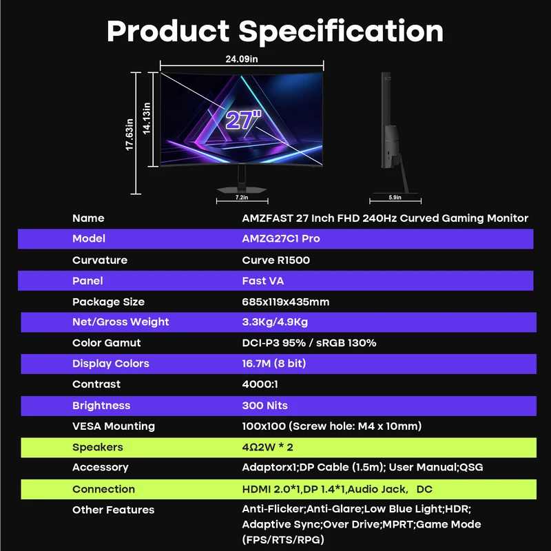 AMZG27C1 Pro, 27" Curved Gaming Monitor FHD 240Hz