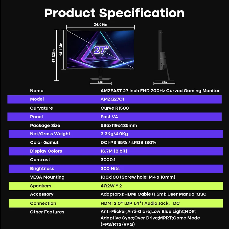 AMZG27C1, 27" Curved Gaming Monitor FHD 200Hz