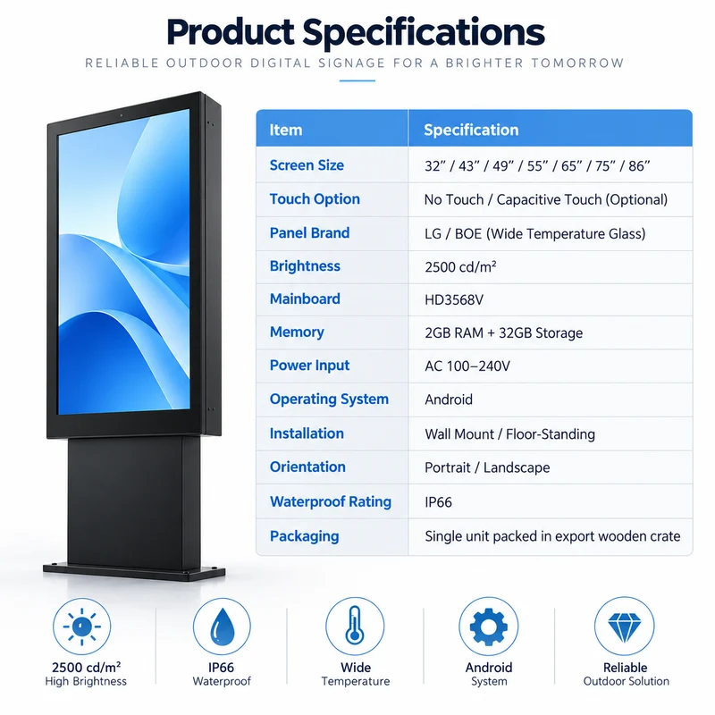 2500-Nit IP66 Outdoor High-Brightness LCD Digital Signage Display | Single Screen | 32–86 Inch | Optical Bonding | Wall-Mount or Floor-Standing | Optional Touchscreen
