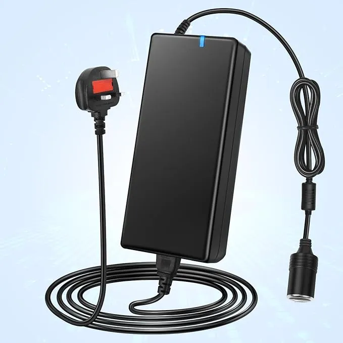 DC 12V Cigarette Lighter Desktop Power Supply Adapter 60W–120W, AC 100–240V Input, Converter Transformer with UK Plug — for Car Accessories, Air Pump, Cooler, and Electronics