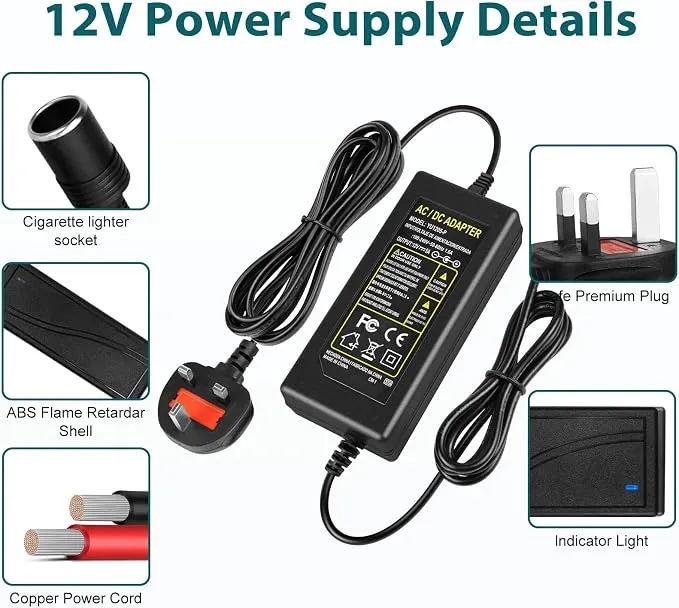 DC 12V Cigarette Lighter Desktop Power Supply Adapter 60W–120W, AC 100–240V Input, Converter Transformer with UK Plug — for Car Accessories, Air Pump, Cooler, and Electronics