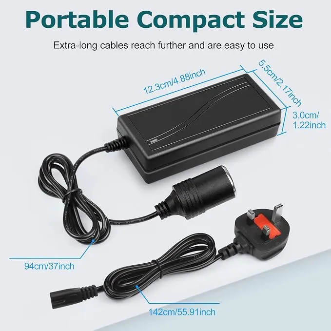 DC 12V Cigarette Lighter Desktop Power Supply Adapter 60W–120W, AC 100–240V Input, Converter Transformer with UK Plug — for Car Accessories, Air Pump, Cooler, and Electronics