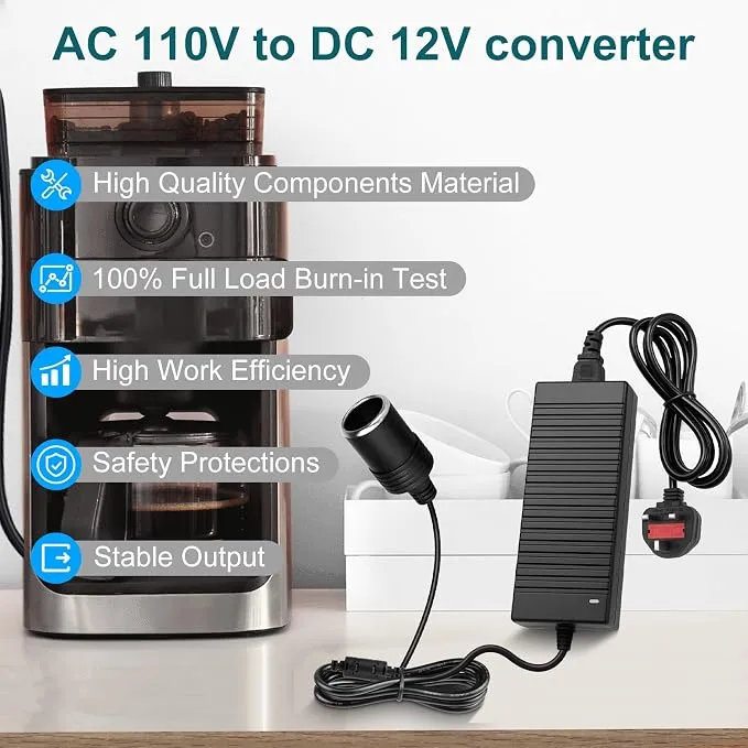 DC 12V Cigarette Lighter Desktop Power Supply Adapter 60W–120W, AC 100–240V Input, Converter Transformer with UK Plug — for Car Accessories, Air Pump, Cooler, and Electronics