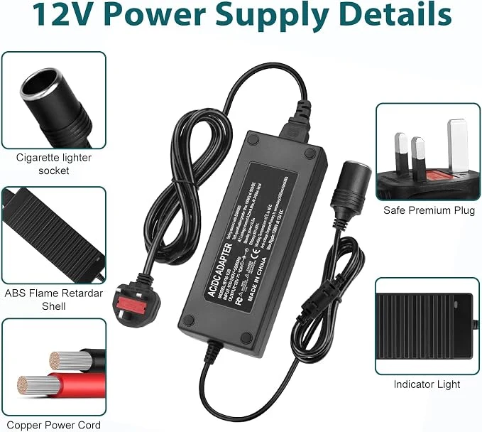 DC 12V Cigarette Lighter Desktop Power Supply Adapter 60W–120W, AC 100–240V Input, Converter Transformer with UK Plug — for Car Accessories, Air Pump, Cooler, and Electronics