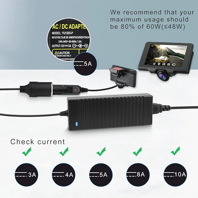 DC 12V Cigarette Lighter Desktop Power Supply Adapter 60W–120W, AC 100–240V Input, Converter Transformer with UK Plug — for Car Accessories, Air Pump, Cooler, and Electronics