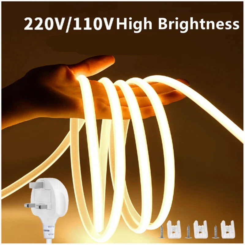 AC110V / 220V COB Flexible LED Strip Light - 3000K / 6500K | IP65 Waterproof | Spotless High Brightness | Inline Power Switch | for Cabinets, Kitchen & Office Lighting | US / EU Plug | 5/50M