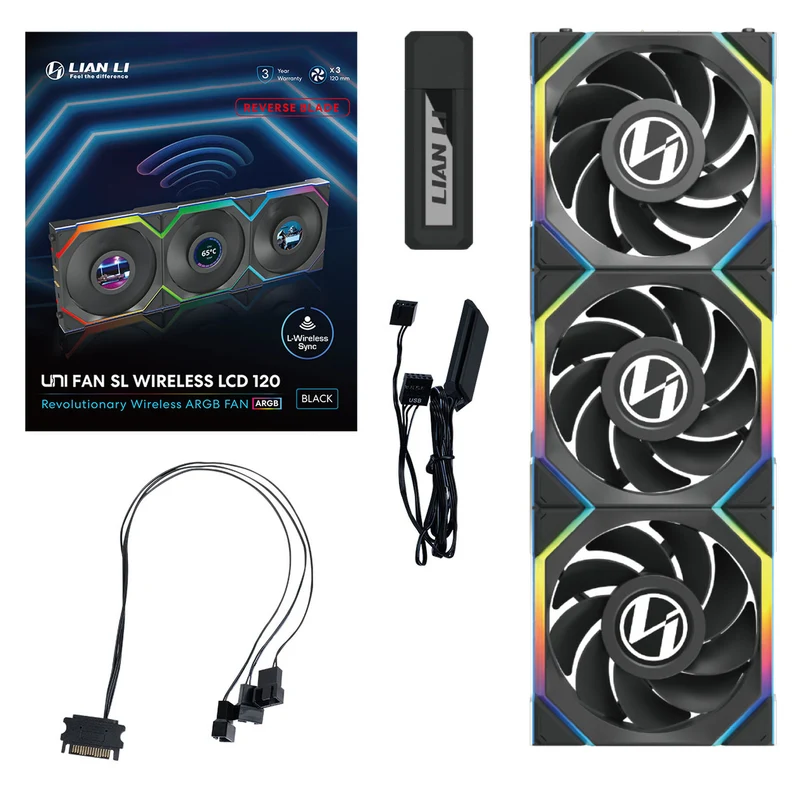 Lian Li Uni Fan SL 120 LCD Reverse ARGB Wireless pack de 3 - Noir