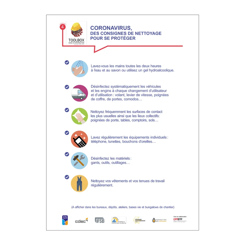 Affiche n°4 - Consignes nettoyage - Coronavirus FR/PT/DE - Adhésif/Panneau/Magnet