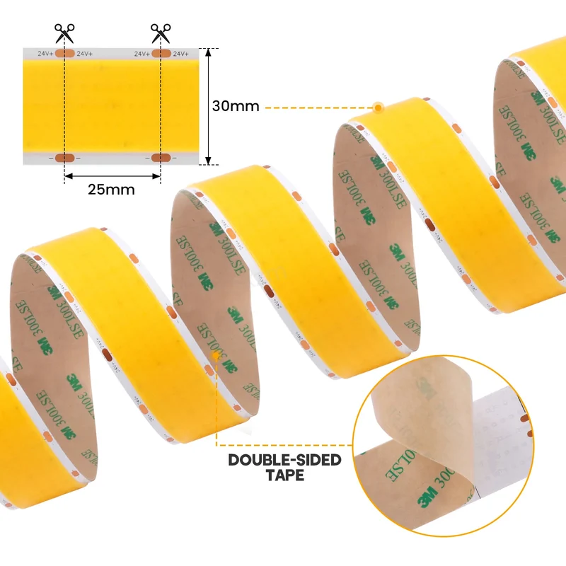 Five Row COB Flexible LED Strip Light- 24V | 1600 LEDs/M | 3000K / 4000K / 6500K | 30mm PCB | CRI 90+ | Dot-Free Continuous Lighting | Non-Waterproof | for Cabinets,Kitchen Office Lighting | 5/50M