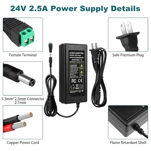 DC 24V Desktop Power Supply Adapter 60W–120W, AC 100–240V Input, Switching Transformer Charger with US Plug — for LED Strip Lights, 3D Printers, CCTV, and Electronics