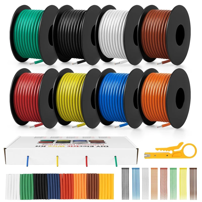 18 AWG Silicone Wire Kit, Stranded Tinned Copper Electrical Cable, 5m–15m Each Roll × 8 Colors, Flexible Heat Resistant Hook Up Wire Set for DIY, Automotive, LED, RC, Power Wiring