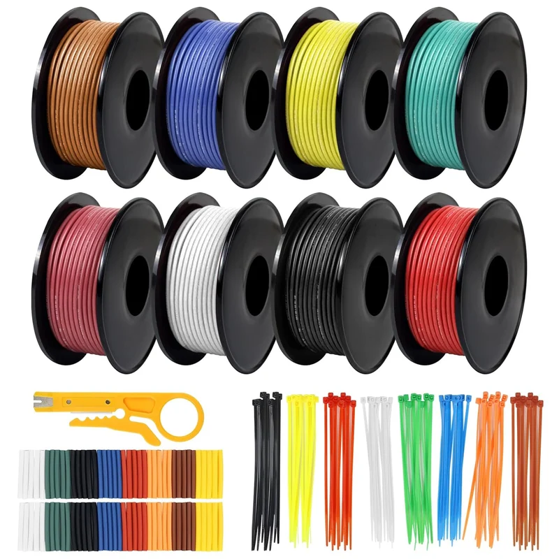 18 AWG Silicone Wire Kit, Stranded Tinned Copper Electrical Cable, 5m–15m Each Roll × 8 Colors, Flexible Heat Resistant Hook Up Wire Set for DIY, Automotive, LED, RC, Power Wiring