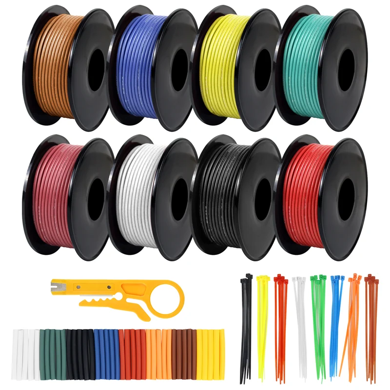 22 AWG Hook Up Wire Kit, Silicone Electrical Wire Spools, 3m–15m Each Roll × 8 Colors, Stranded Tinned Copper Cable for RC, LED Lighting, Automotive, DIY, Electronics