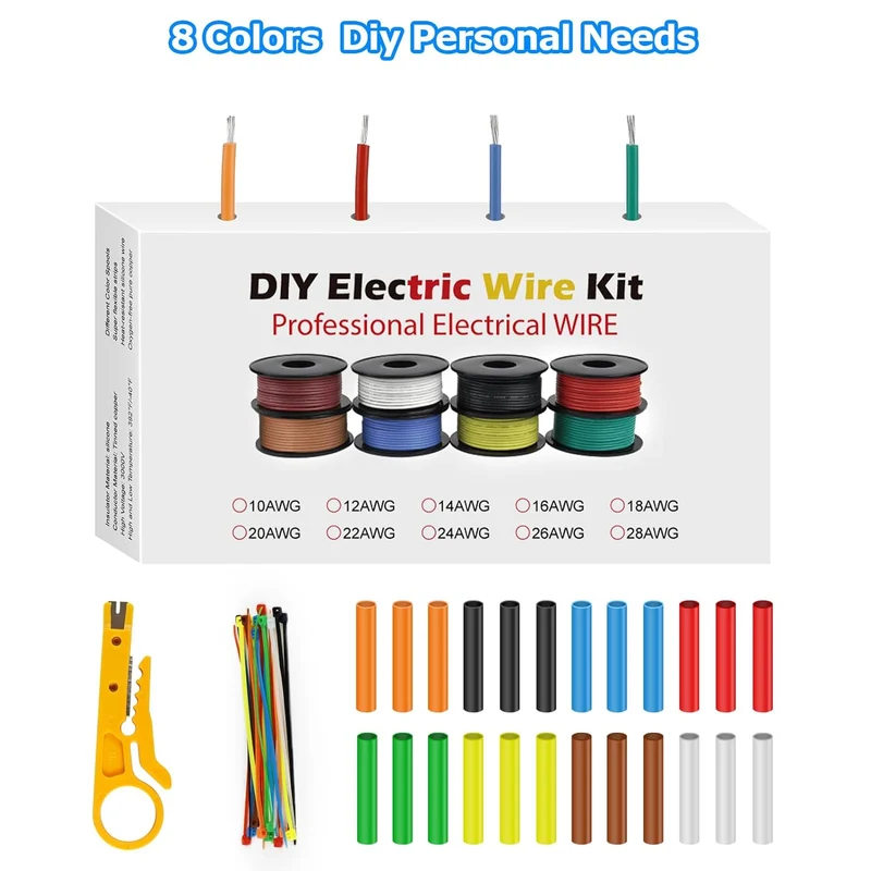 30 AWG Silicone Wire Spool Kit, Stranded Tinned Copper Electrical Hook Up Cable, 5m–15m Each Roll × 8 Colors, Flexible Heat Resistant Wire Set for Professional Electronics, LED, DIY Projects