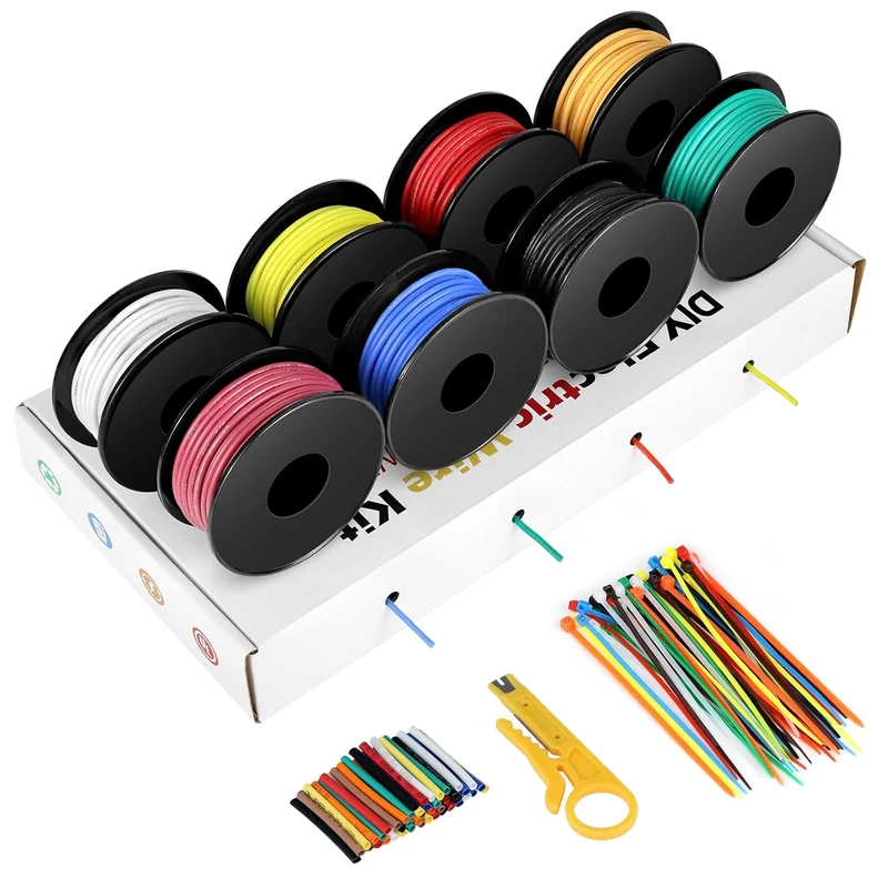 24 AWG Stranded Copper Wire Kit, Silicone Electrical Hook Up Cable, 5m–15m Each Roll × 8 Colors, Flexible Heat Resistant Wire Spools for Electronics, Arduino, LED, RC, DIY Projects