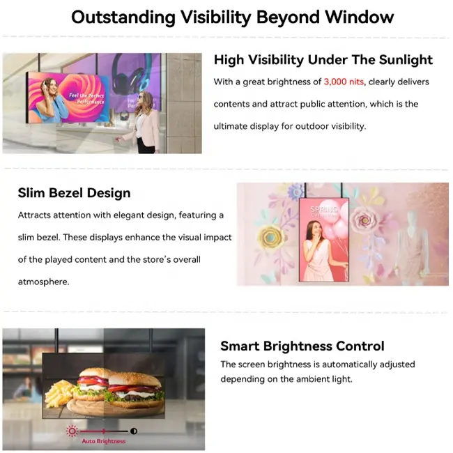 55" Single-Sided 2500nits High Bright Window LCD Poster Display, Android RK3568 2G+32G, Non-Touch, Cloud/APP/USB, Wall-Mount/Floor Stand/Suspended Installation